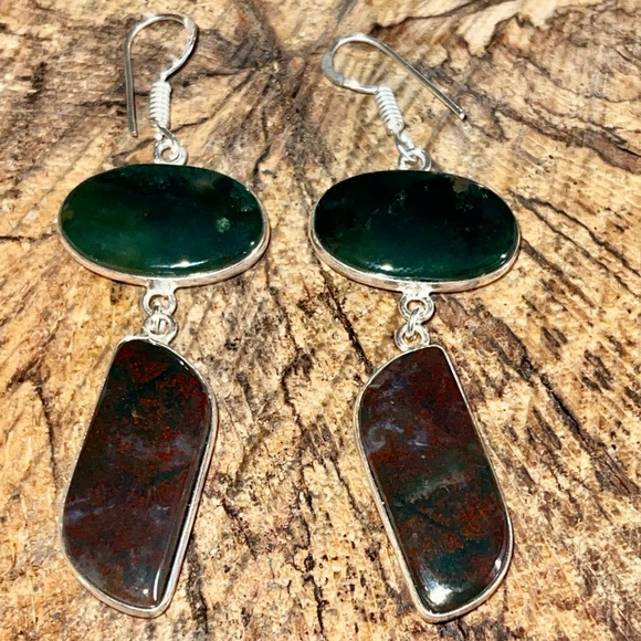 Mocha Stone Green Moss Agate Earrings 2” - Picture 5 of 6
